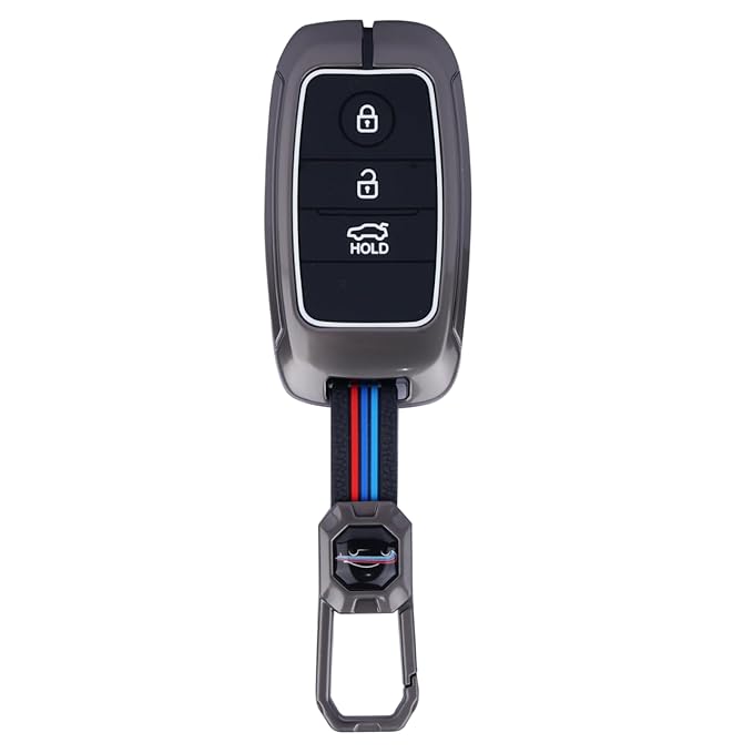 Premium Luxury Car Key Cover with Keychain for Kia 3-Button Remote | Golden & Black Alloy Key Case with Silicone Protection for Hyundai i10, i20, Creta, Venue, Tucson, Alcazar