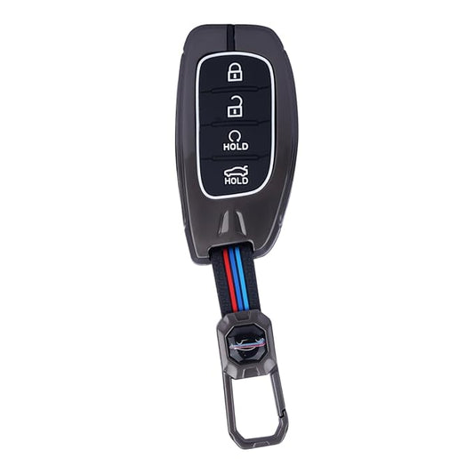 Premium Luxury Car Key Cover with Keychain for 4-Button Remote | Golden & Black Alloy Key Case with Silicone Protection for Hyundai Alcazar & Creta