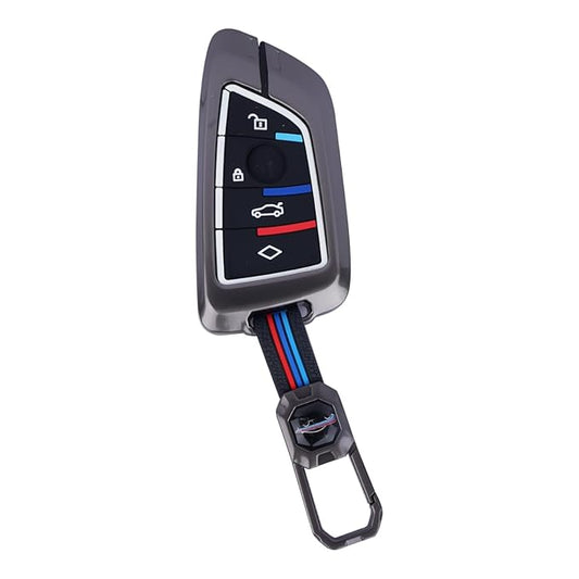 Premium Metal Car Key Cover with Keychain | Luxury Gunmetal Alloy 4-Button Remote Key Case Compatible with BMW X1, X3, X5, X6, 5 Series, 6 Series, 7 Series