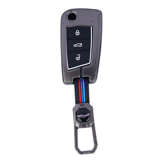 Premium Luxury Car Key Cover with Keychain for 3-Button Remote | Classic Gunmetal Alloy Key Case with Silicone Protection for Skoda Kylaq, Slavia, Kushaq
