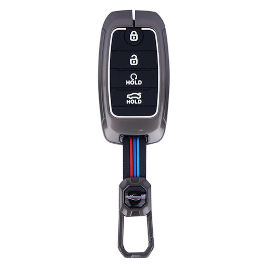 Premium Luxury Car Key Cover with Keychain for Kia 4-Button Remote | Classic Golden & Black Alloy Key Case with Silicone Protection for Kia Sonet, Seltos 2020, Carens, Sonet X-Line