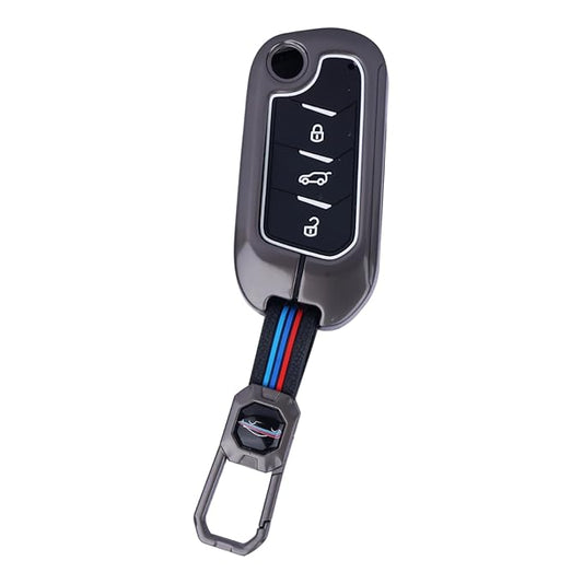 Premium Luxury Car Key Cover Shell with Silicone for 3-Button Remote for Mahindra Scorpio N Classic, 3XO, XUV300, Marazzo, XUV400, Bolero, Thar Roxx, TUV300, EV 3