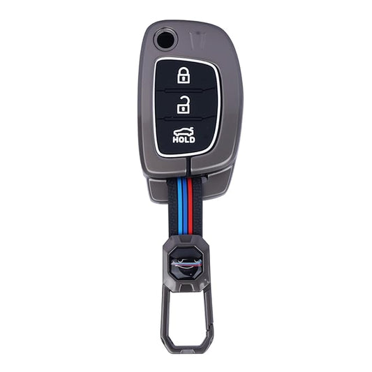 Premium Luxury Car Key Cover with Keychain for 3-Button Remote | Golden & Black Alloy Key Case with Silicone Protection for Hyundai Verna, Kona, i20
