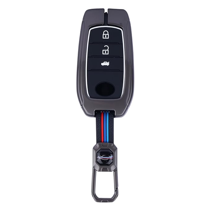 Premium Luxury Metal Car Key Cover with Keychain for Toyota 3-Button Remote | Classic Gunmetal Alloy Key Case for Toyota Innova Hycross ZX 2023, 2024