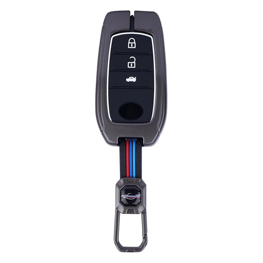 Premium Luxury Metal Car Key Cover with Keychain for Toyota 3-Button Remote | Classic Gunmetal Alloy Key Case for Toyota Innova Hycross ZX 2023, 2024
