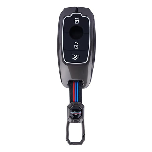 Premium Metal Car Key Cover Shell with Silicone for Mercedes 4-Button Remote | Luxury Black Alloy Key Case with Scratch Protection for Mercedes-Benz E-Class 2016–2017