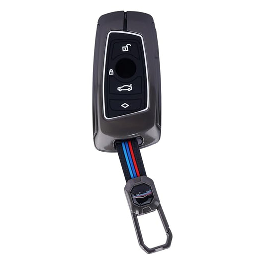 Premium Heavy Duty Metal Car Key Fob Cover with Keychain Clip | Luxury 4-Button Smart Key Case Compatible with BMW X4, X3, 3 Series, 5 Series, 6 Series, 7 Series
