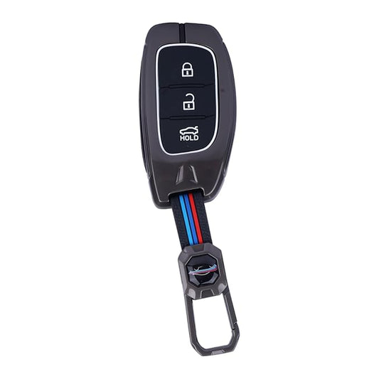 Premium Luxury Car Key Cover with Keychain for 3-Button Remote | Golden & Black Alloy Key Case with Silicone Protection for Hyundai i20, Verna, Xcent, iGen, Sportz, Magna